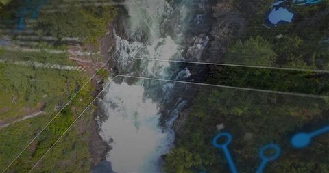 Waterfall in forest with digital overlay symbolizing connectivity