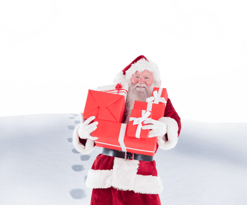 Santa Claus Carrying Red Gifts on Transparent Snow Background