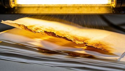 Overhead lamp heating charred documents shedding ash on workbench closeup dramatic backlight