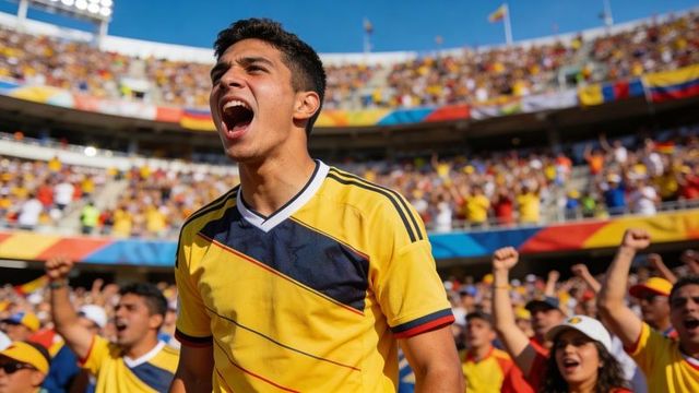 Passionate soccer fan shouting in yellow jersey at packed stadium with cheering crowd
