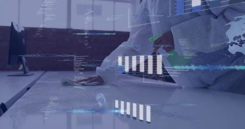 Researcher leaning over glossy desk in lab coat analyzing digital charts and data visualization