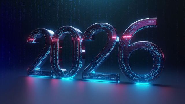 Glowing 2026 Futuristic Neon Numerals with Circuitry and Holographic Code Streams
