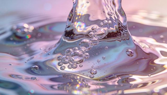 Iridescent liquid column rising with pastel refractions and floating bubbles
