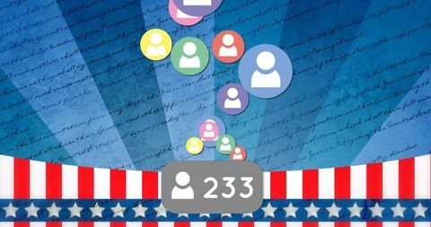 Patriotic social media engagement showing growing followers 233 and community avatars
