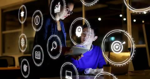 Business Team Analyzing Data with Digital Interface Holograms