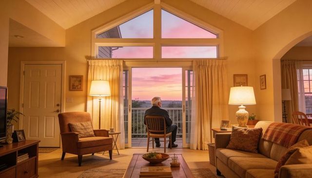 Senior man sitting on wooden chair facing balcony at sunset in softly lit cozy living room