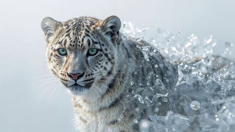 Snow Leopard Prowling in Icy Realm with Translucent Crystal Effects