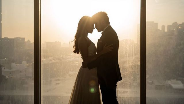 Silhouette couple embracing in high-rise backlit window at golden hour wedding romance