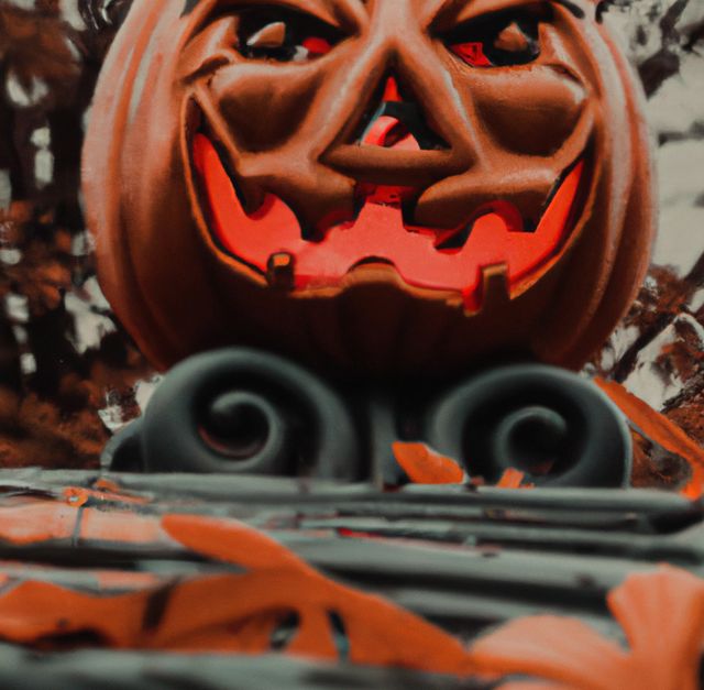 Image of close up of halloween decoration with scary carved pumpkin - Download Free Stock Photos Pikwizard.com