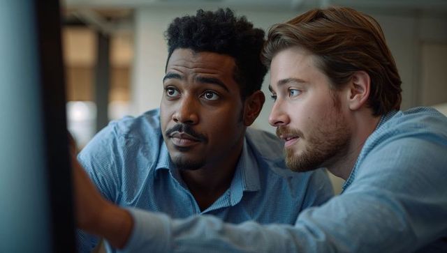 Two Colleagues Collaborating at Monitor Reviewing Code and Data in Modern Office