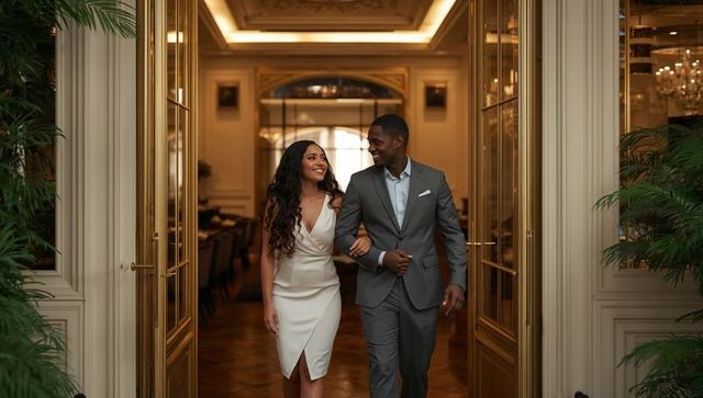 Elegant couple walking through grand hotel doors in formal attire