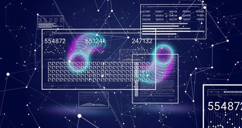 Neon cyber hud display with keyboard grid, data panels and network constellation overlay