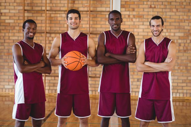 Group of four basketball players in maroon uniforms standing together in an indoor court. They are posing confidently with one player holding a basketball. Ideal for use in sports-related content, team-building materials, fitness promotions, and advertisements for athletic gear.