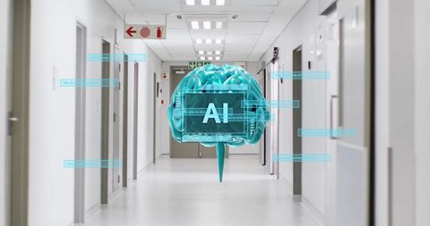 AI Brain Model Overlayed on Hospital Corridor