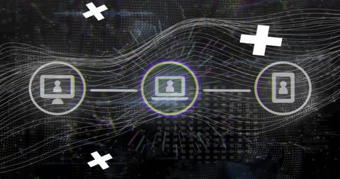 Glowing network node pulsing with chromatic halo and connected device icons on dark grid