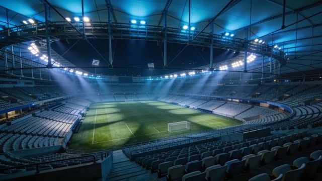 Empty stadium at night with dramatic floodlights illuminating soccer pitch and stands