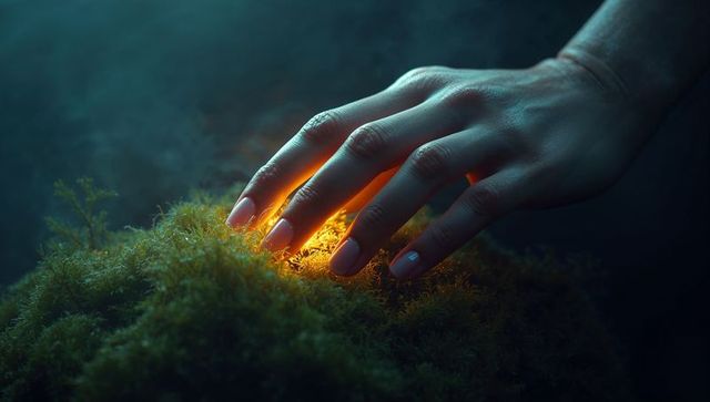 Graceful Hand Gently Touching Glowing Moss in Mystic Forest