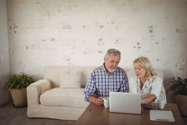 Senior couple sitting at table using laptop in modern living room. Both appear engaged and focused on the computer screen, suggesting they are participating in an online activity such as browsing, planning, or managing finances. Useful for illustrating themes related to technology adoption among seniors, online education, home life of elderly persons, or retirement planning.