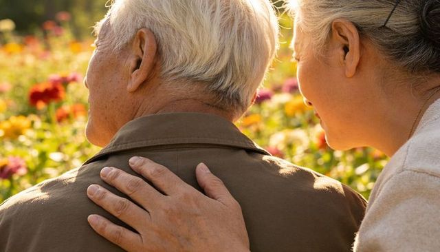 Senior couple leaning together in sunny flower garden with hand on shoulder, warm affection