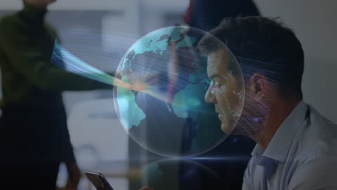 Businessman Connected to Digital Networking in Modern Office