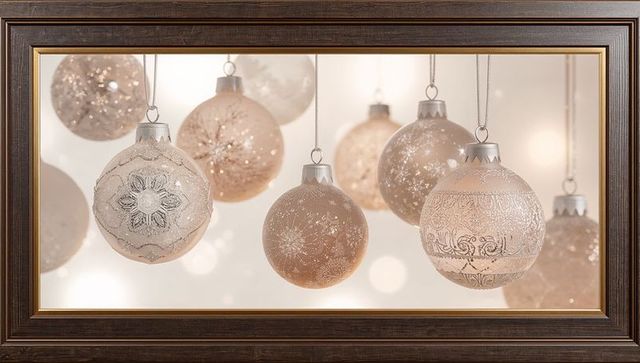 Hanging champagne glass baubles with intricate embossing and soft bokeh holiday glow