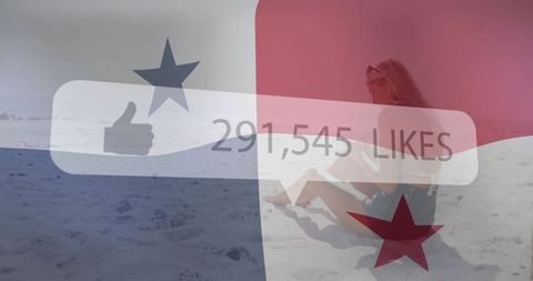 Woman on Beach Interacting with Social Media Likes Overlaid with Bikini Icon