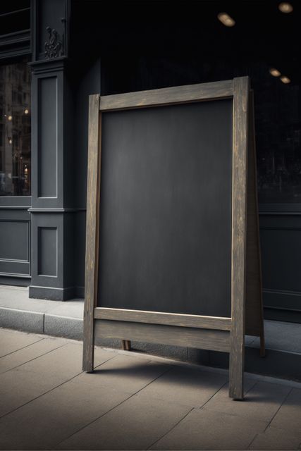 Image of wooden chalkboard outside store with copy space, created using generative ai technology. Shopping and retail concept, digitally generated image.