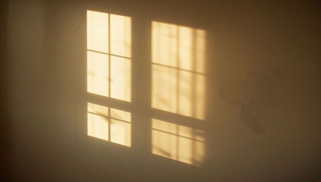 Casting Sunlit Multi-Pane Window Shadow on Textured Beige Wall Creating Minimal Warm Atmosphere