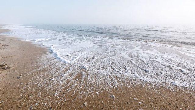 Foamy wave lapping sandy shore with radial foam patterns and pebble texture