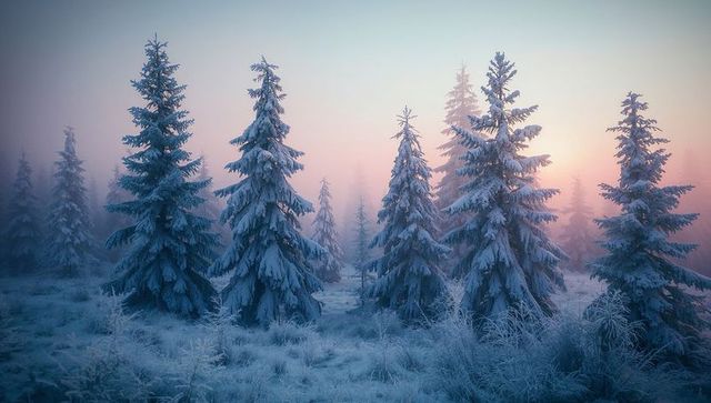 Frosted Fir Trees in Tranquil Winter Forest with Misty Pastel Sky