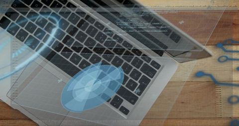 Futuristic Laptop Displaying Holographic Interface and Code Overlays on Wood Desk