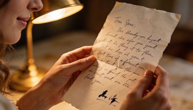 Woman reading creased handwritten letter under brass lamp, warm nostalgic intimate moment