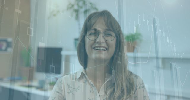 Smiling Woman in Office with Data Overlay - Download Free Stock Images Pikwizard.com