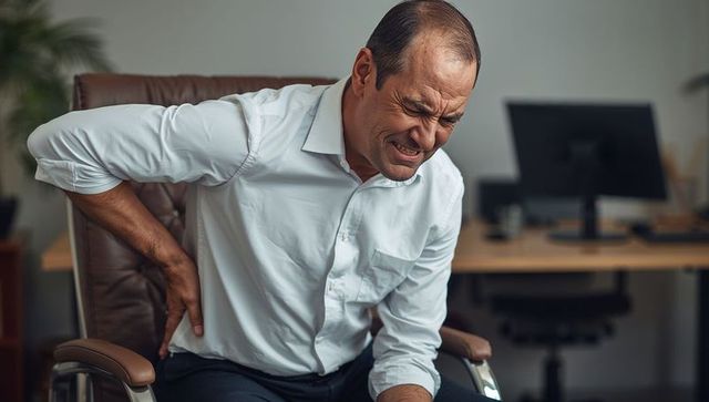 Middle-aged man clutching lower back and grimacing in leather office chair, workplace back pain
