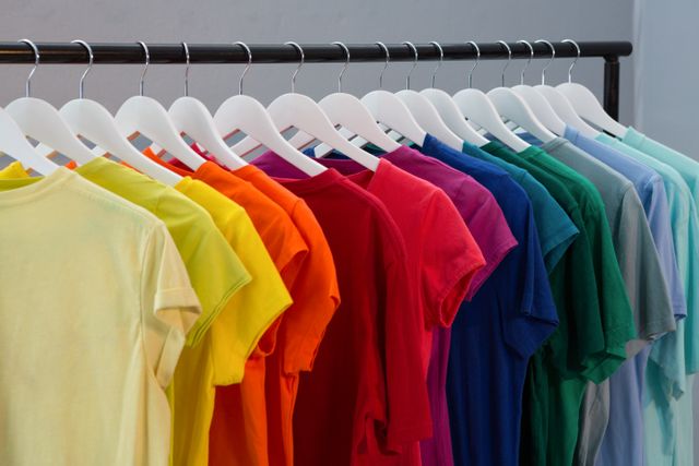 Various t-shirts hanging on cloth hanger against wall