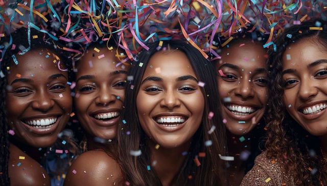 Joyful diverse friends celebrating with confetti and sequins closeup party portrait