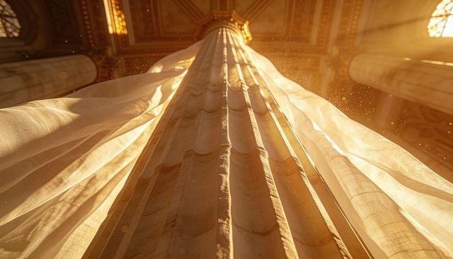 Sunlit fluted marble column draped with sheer curtains in ornate grand hall interior architecture