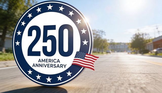 250 america anniversary seal celebrating usa milestone with flag on sunny suburban road