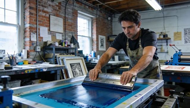 Printmaker pulling squeegee across vibrant blue ink in industrial screen printing studio