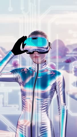 Futuristic woman adjusting VR visor in immersive virtual world, tech interface vertical