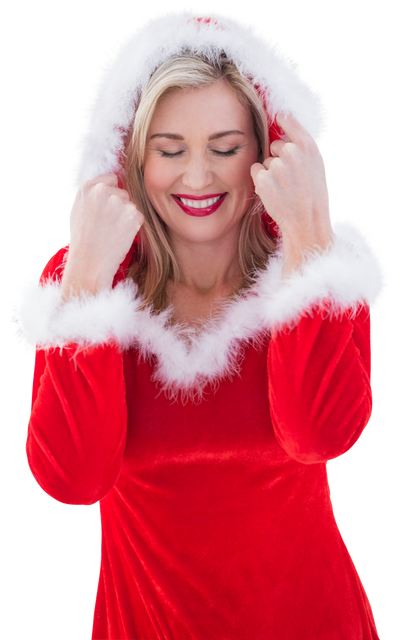 Smiling Woman in Festive Red Outfit with Fuzzy Hood, Eyes Closed, Transparent Background - Download Free Stock Videos Pikwizard.com