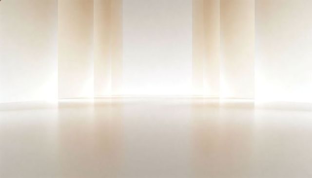 Minimal backlit gallery interior with glossy reflective floor and vertical light panels