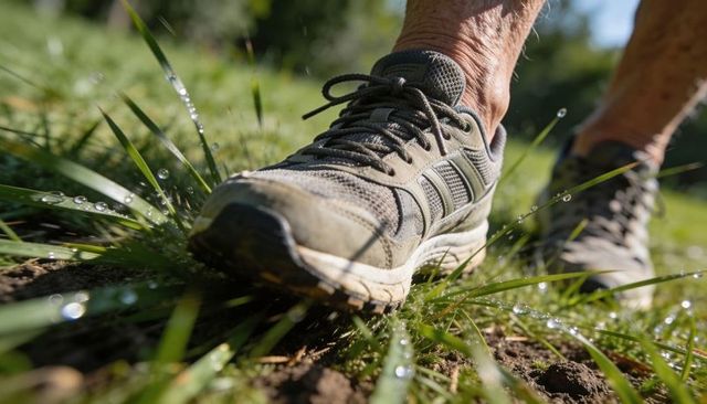 Worn running shoe stepping through dewy grass close-up showing scuffed sole and muddy tread
