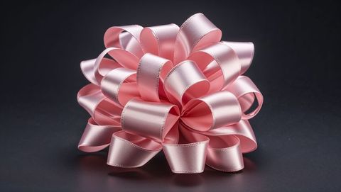 Shiny pink satin ribbon bow with stitched edges on reflective studio surface
