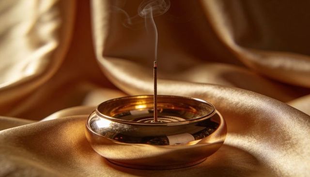 Golden incense holder glowing on satin with rising smoke for luxury spa