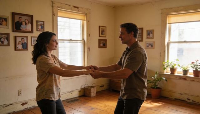 Couple standing holding hands in sunlit rustic living room showing intimacy and warmth