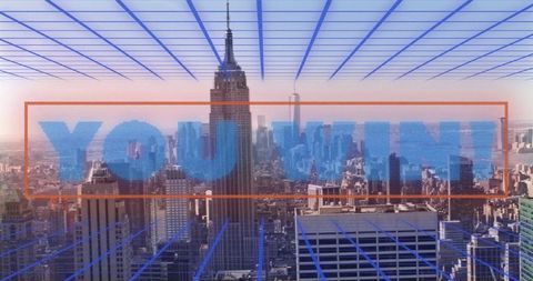 Futuristic Cityscape with Digital 'You Win' Graphic Overlay