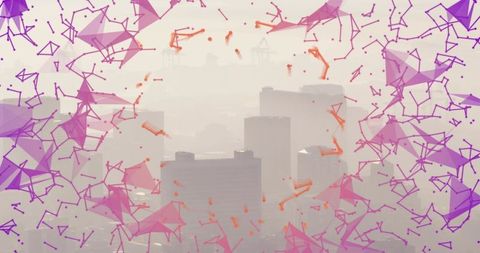 Misty urban skyline with pastel polygon mesh overlay and waterfront port silhouettes