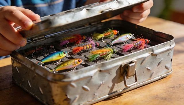 Hands opening vintage metal tackle box revealing colorful fishing lures and feather flies