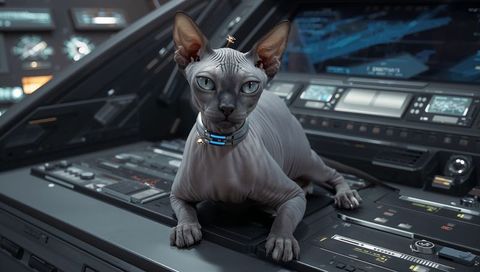 Sphynx cat perching on futuristic spacecraft console wearing glowing collar and gold pin